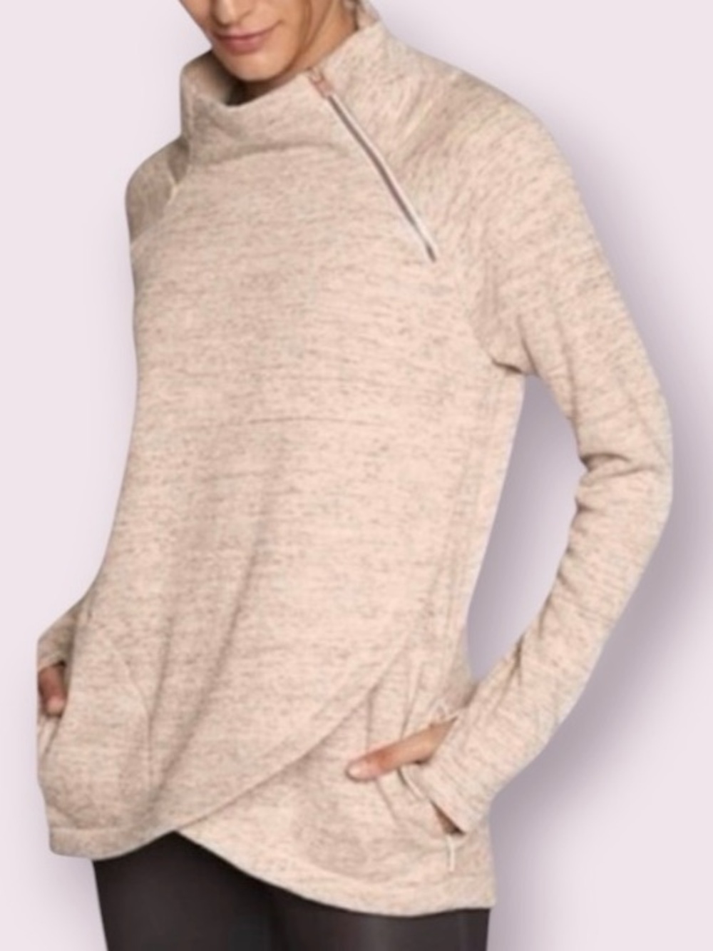 Athleta Cozy Karma Pullover Sweatshirt Wrap Front Thumbholes Oatmeal Large